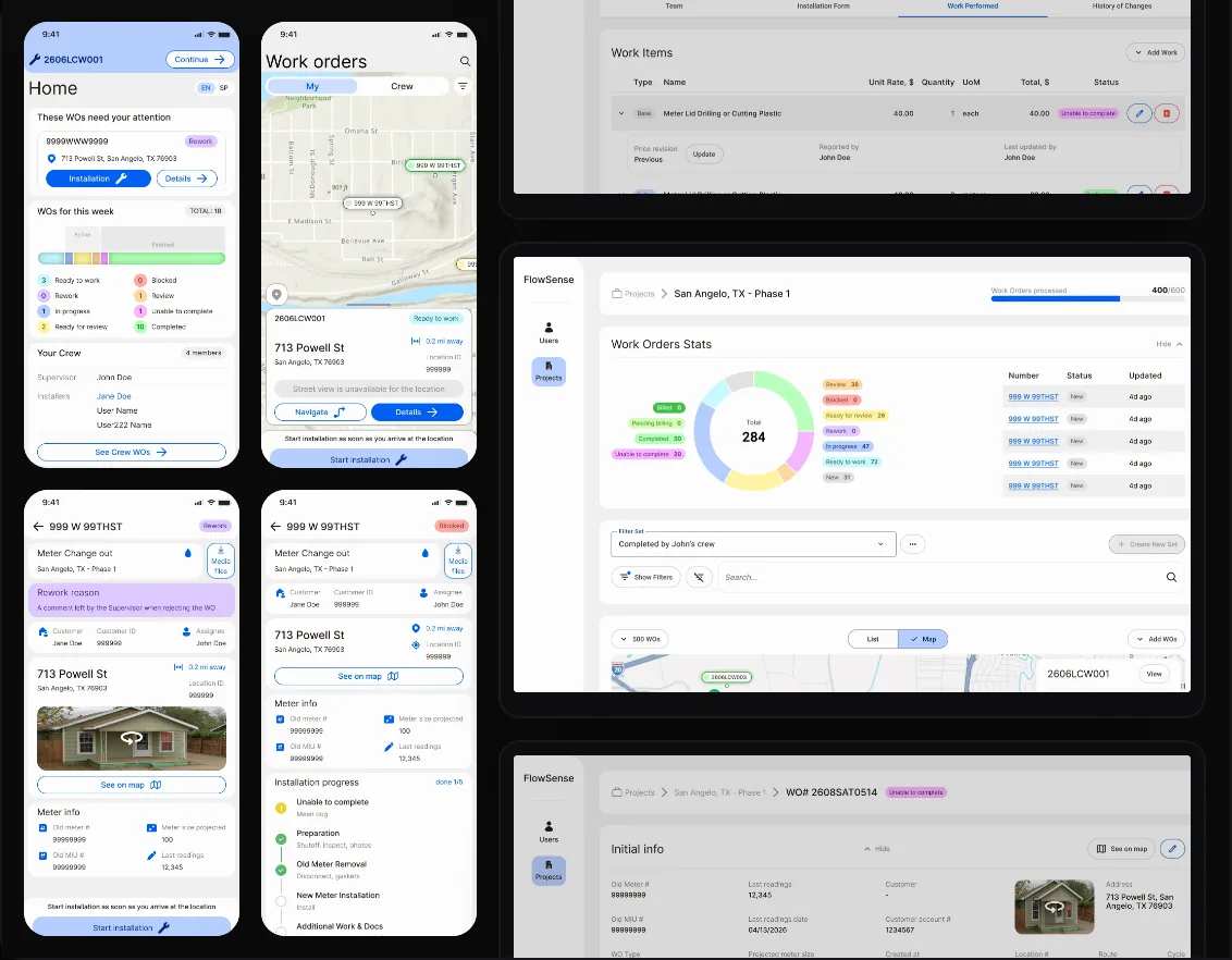 FlowSense mobile app and web app screens