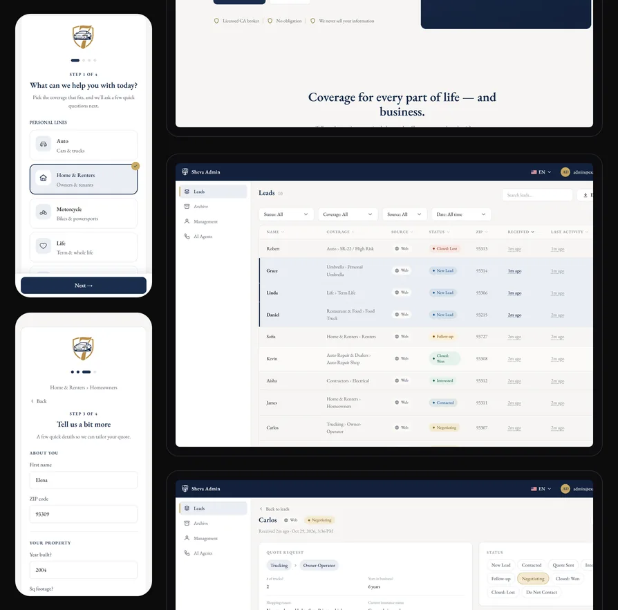 Sheva Insurance quote request screens and lead management admin