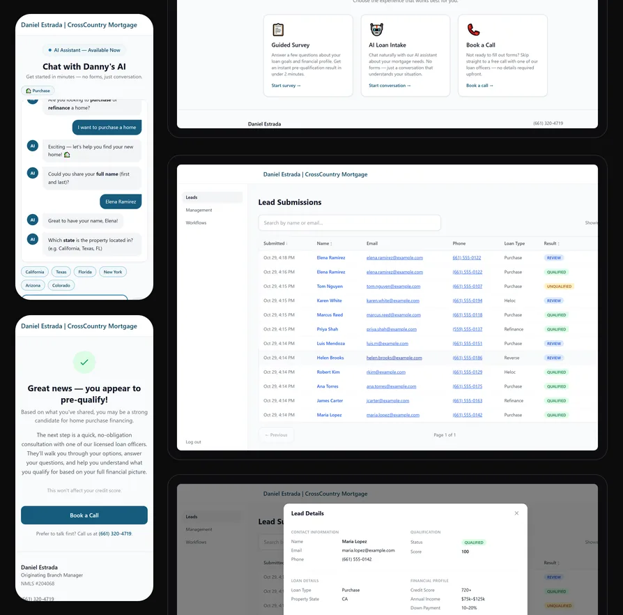 Mortgage pre-qualification survey, AI intake chat and lead admin screens
